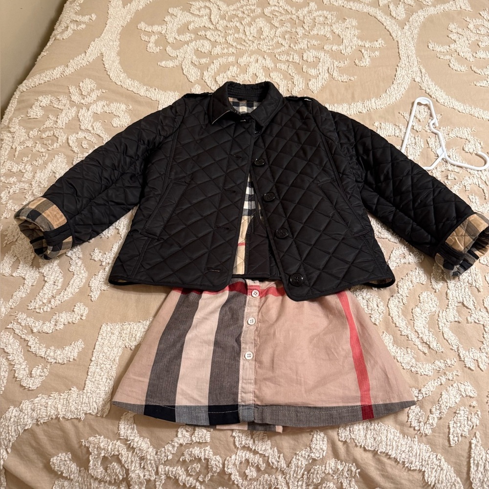 Burberry Black Quilted Kids Jacket size 10y and size medium Burberry skirt.